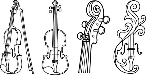 Vintage Violin Illustrations: Full Instrument, Neck Detail, and Ornate Design © kumara