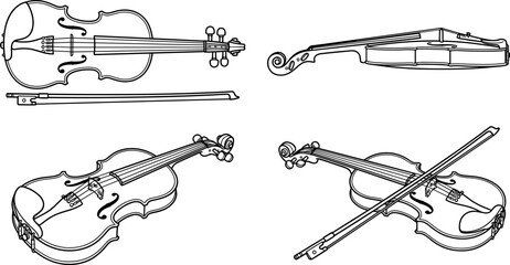 Violin Set: Top View, Side View, and Angled Views with Bow © kumara