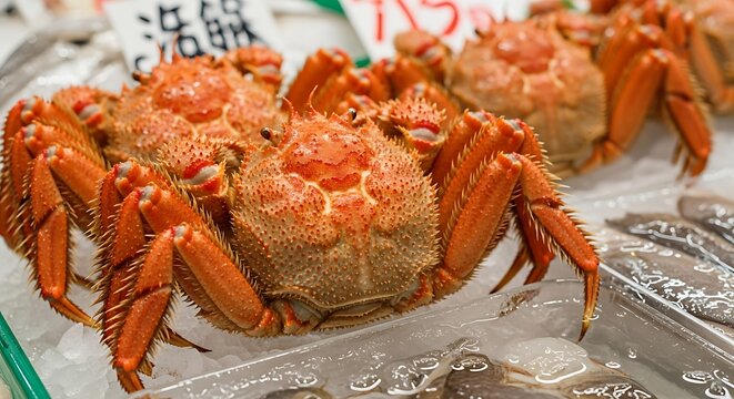Two large, orange, hairy crabs displayed on ice at a seafood market