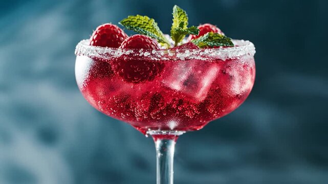 Sparkling red berry cocktail with fresh raspberries and mint in a sugar rimmed glass against a cool blue background