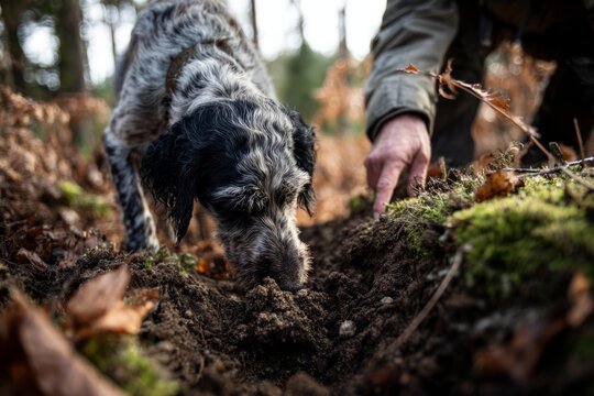 truffle. truffle hunting journey and discovery. Dog with spotted fur sniffing ground in forest while human points at soil, autumn leaves scattered around