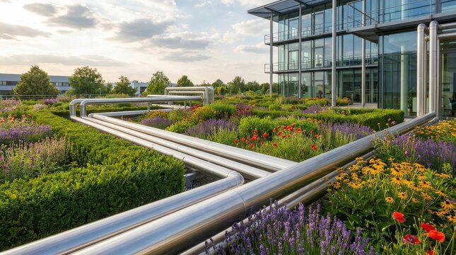 Modern Sustainable Office Building Green Roof Garden with Metal Pipes.