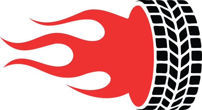 Dynamic hot rod tire graphic with fiery red flames symbolizing speed power and acceleration on the road