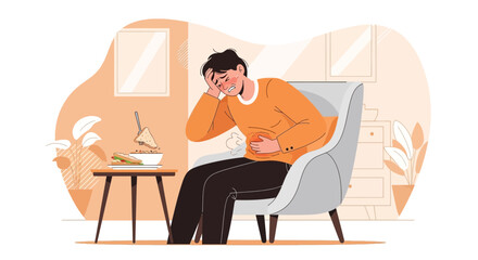 Fototapeta premium Man Suffering From Stomach Pain After Eating Food Illustration, Home Environment