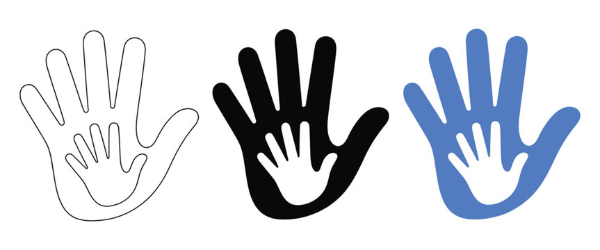 Helping hands icon set featuring adult and child hand silhouettes, family support symbols for compassion, guidance, protection and community care services, vector, designs