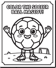 Fototapeta premium Color the soccer ball mascot activity page for kids featuring cute football character on grass field.