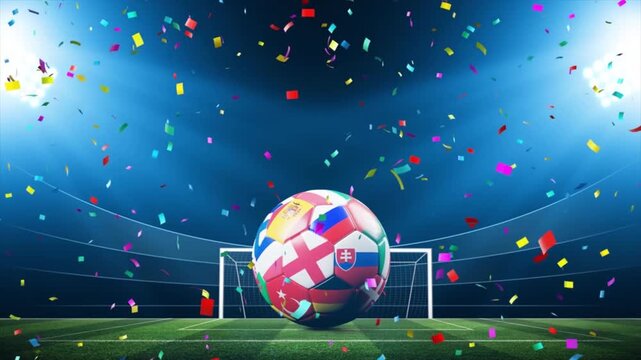 International soccer championship celebration with colorful confetti and football on stadium field, 4k sports event background animation for tournament victory and global football fans