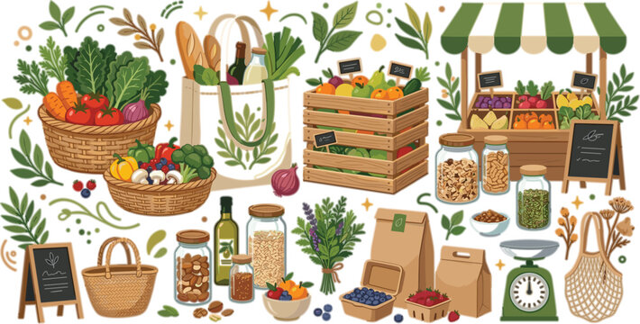 Organic Farmers Market Collection with Fresh Produce, Grocery Store Elements, Healthy Food Products, and Sustainable Local Shopping Illustration