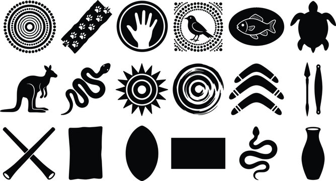 Black Silhouette Vector Illustrations of Aboriginal Art Symbols, Animals, Cultural Motifs, and Traditional Decorative Patterns