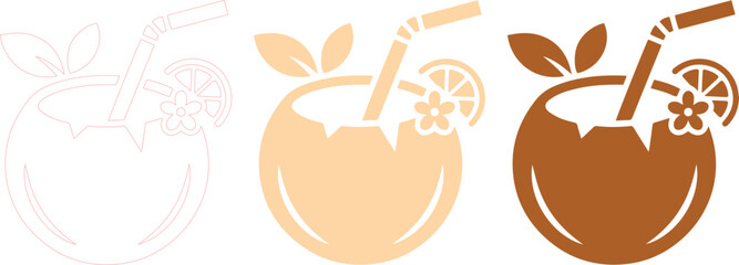 Tropical coconut drink vector icon set, refreshing summer beverage with straw and citrus slice, a collection of three stylized coconut cocktails for vacation and beach themes isolated PNG with © Abida