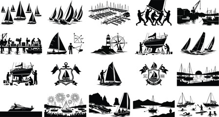 Obraz premium Black Silhouette Vector Illustrations of Sailing Culture, Nautical Activities, Coastal Landscapes, and Maritime Lifestyle Scenes