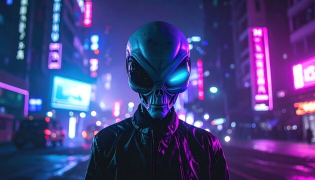 Alien humanoid standing in neon cyberpunk city street at night.