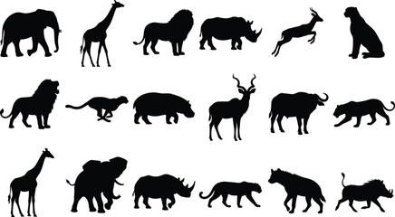 Set of African safari animal black silhouettes including elephant, lion, giraffe, rhino, cheetah, and hippo isolated on white background © Shaharia Shaharia