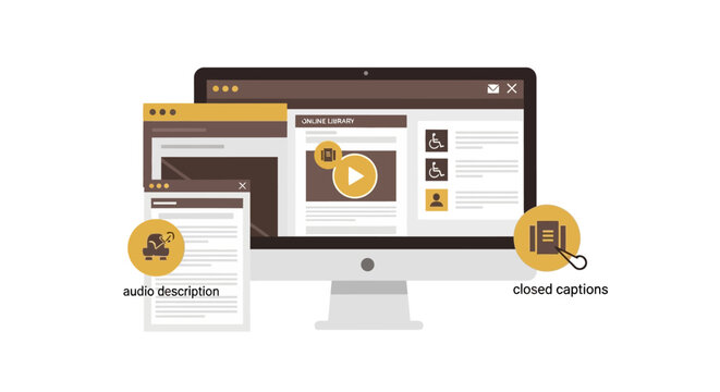 Online Library Web Accessibility Illustration with Audio Description and Closed Captions Icons on Computer Monitor - Inclusive Digital Design Concept