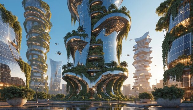 Solarpunk eco-friendly floating city in bangkok with vertical gardens and solar panels amid high water levels futuristic urban design serene waterway reflection