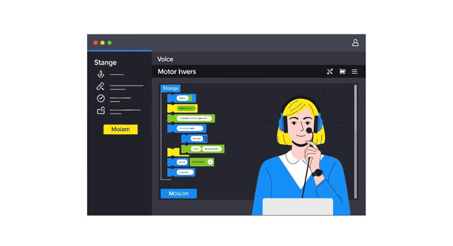Online coding tutorial illustration with female instructor wearing headset using block-based programming software interface for e-learning and remote education