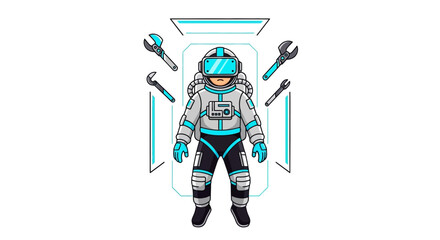 Fototapeta premium Futuristic Astronaut Space Engineer Illustration with Floating Repair Tools and VR Headset, Maintenance and Technology Concept