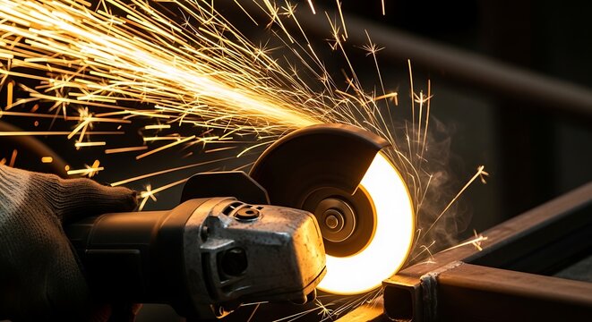 Industrial Angle Grinder Cutting Metal with Bright Sparks.