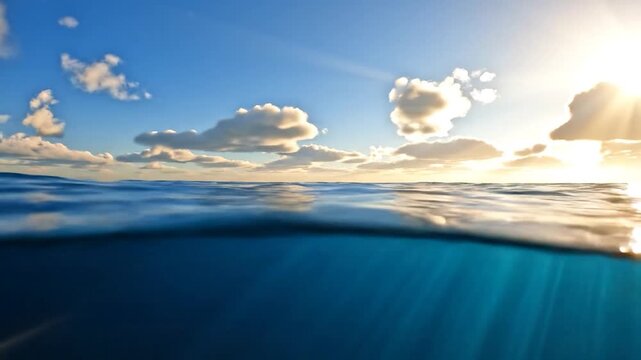 Split level view of blue ocean water under bright sunlight and clear sky with clouds