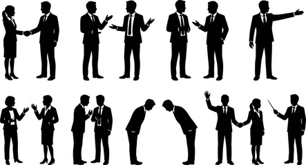 Business people communication silhouette set showing handshake greeting conversation bowing and presentation vectors in image_0f619f.png © Utpal