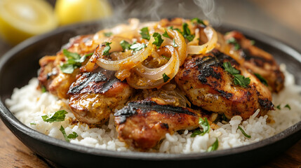 Fototapeta premium Grilled chicken with onions served over rice on wooden table 