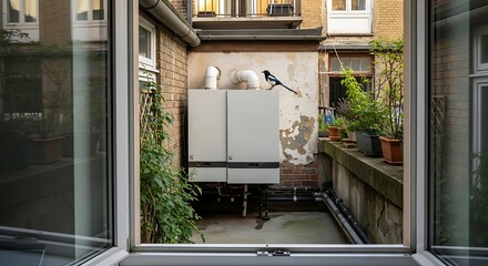 Obraz premium Modern Outdoor HVAC Unit in Urban Courtyard View from Window.