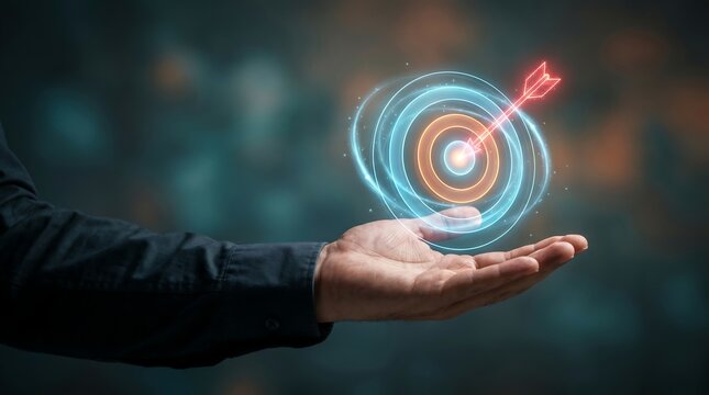 Businessman Holding Glowing Digital Target Hologram Representing Goal Achievement and Strategic Business Focus Concept