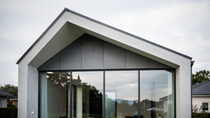 Fototapeta premium This depicts a modern house with a gable roof and large windows, highlighting its sleek architectural design and property management features, set against a cloudy sky.