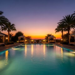 Fototapeta premium Tropical pool lounge at dusk with palm trees and sunset glow