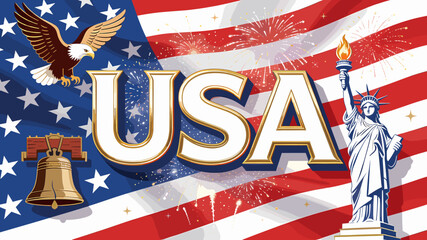 Vibrant illustration of American patriotic symbols including the USA flag, bald eagle, Statue of Liberty, and Liberty Bell with fireworks. © Ngelus