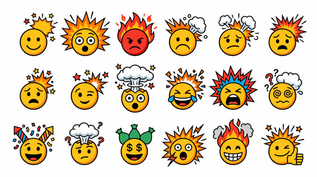 Collection of Cartoon Emoji Faces Showing Various Emotions: Anger, Sadness, Shock, Laughter, Confusion