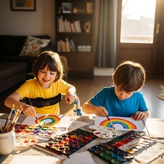 Fototapeta premium Two happy children, one in a wheelchair, paint colorful rainbows on paper