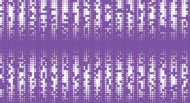 Cyberpunk data rain digital background. purple color, white falling pixel blocks, geometric glitch texture. for vaporwave music album covers, synthwave poster prints. abstract vector pattern.