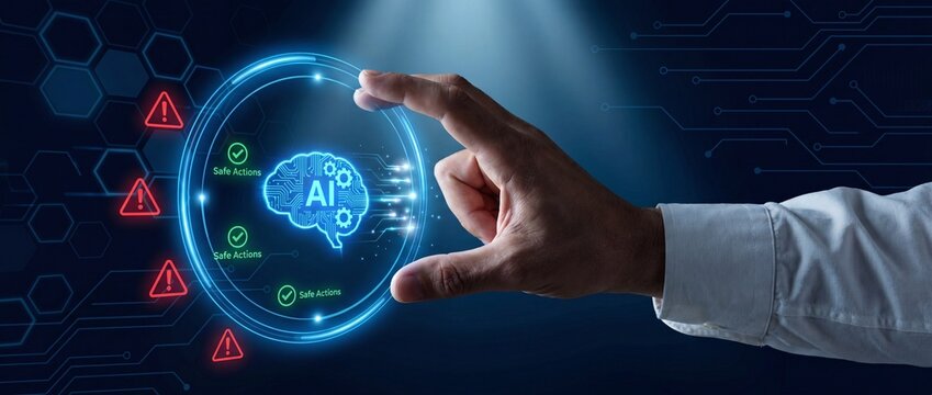 Hand interacting with futuristic ai interface on circuit background with safety symbols