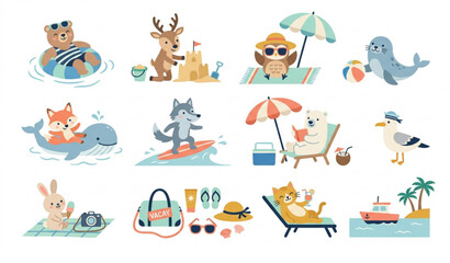 Animal Summer Vacation Vector Illustration Set in Scandinavian Nordic Style © MDFahim