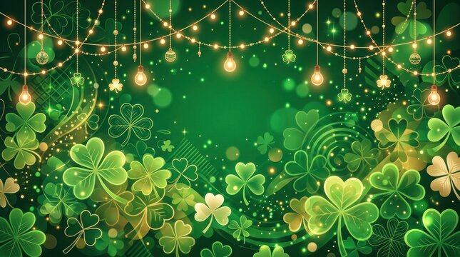 A festive, dark green background is adorned with sparkling fairy lights, dangling ornaments, and numerous vibrant green four-leaf clovers.
