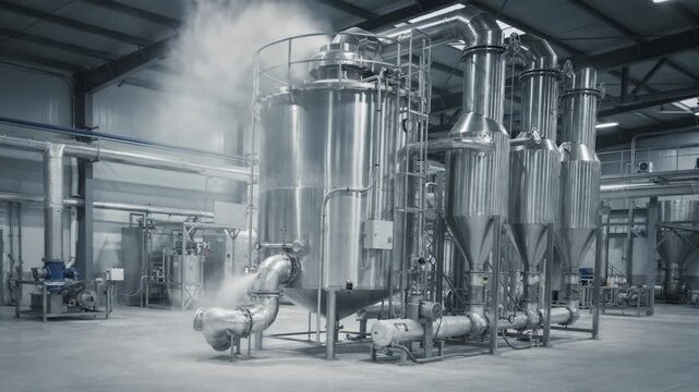 Medium shot of a fungicide spraydrying tower and cyclones efficiently transforming liquid feed into fine powder during a highcapacity production run in an industrial setting