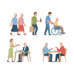 Obraz premium Senior care and elderly assistance illustration featuring caregiving dining walking wheelchair support, healthy aging lifestyle concepts