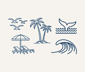 Obraz premium Summer beach vacation icons featuring ocean wave, palm trees, whale tail, seabirds and seaside relaxation vector illustration design