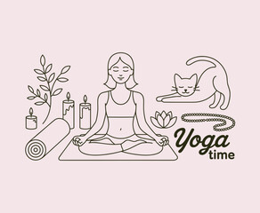 Obraz premium Yoga meditation wellness illustration, mindful woman practicing relaxation with candles, lotus, cat and mat wellness concept