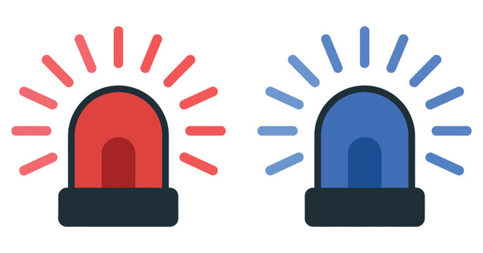 emergency flashers siren icon set, red and blue emergency warning lights, flat style alert symbols, police ambulance and rescue service concept, clean modern vector illustration.