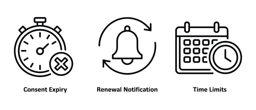 Consent icon set, expiry renewal notification symbols, subscription management, calendar deadline and reminder vector design.