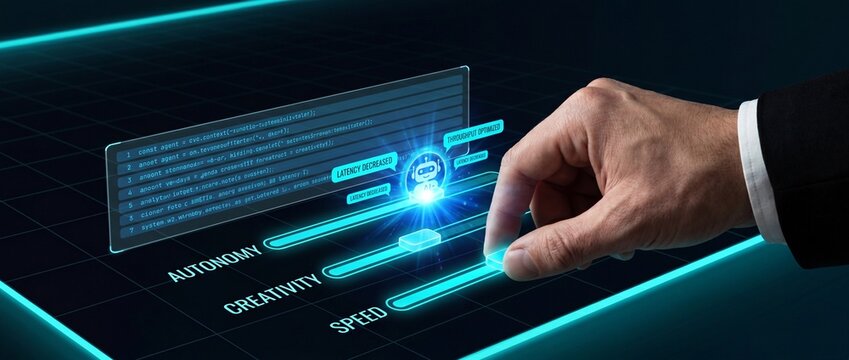 Businessman interacting with futuristic interface adjusting settings for autonomy creativity and speed in a high tech environment with neon lights