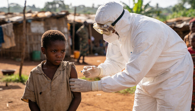 Doctor in hazmat suit vaccinating a boy in a poor village during a virus epidemic. Healthcare worker providing medical care for an adolescent in a developing region. Global health aid.