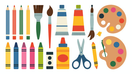 art supplies flat illustration paintbrush pencil crayon palette scissors glue tube paint vector icon drawing craft school education creative tool stationery © rocky