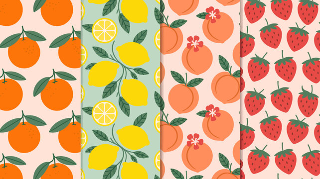 four distinct fruit patterns vector pattern orange lemon peach strawberry illustration colorful design graphic food nature background print texture summer fresh