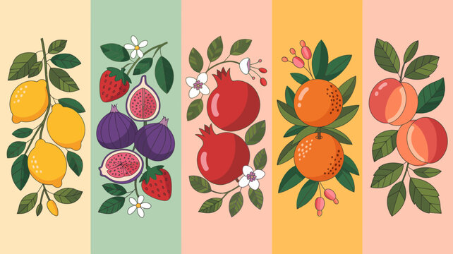 five illustrated fruit panels illustration lemon strawberry fig pomegranate orange peach vector colorful pane botanical graphic design food nature fresh tropical