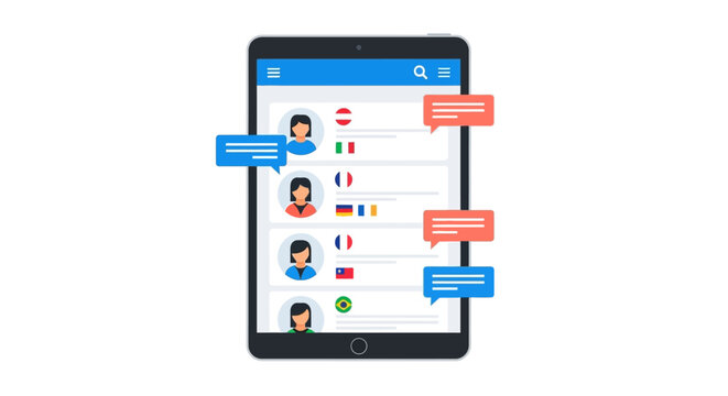 Flat vector illustration of a global messaging and language learning app on a tablet screen with international flags and speech bubbles