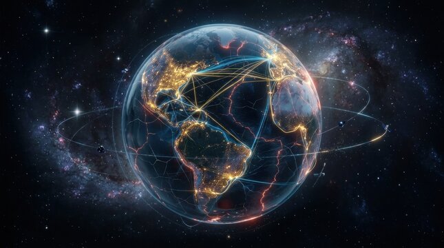 A vibrant, digitally rendered image showcases a glowing Earth suspended in the vastness of space.
