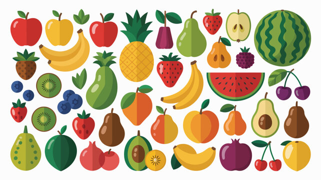 colorful fruit collection vector apple banana strawberry watermelon pineapple pear kiwi cherry avocado peach orange berry illustration graphic design food nutrition